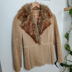 Guess Vintage Tan Genuine Suede Leather Coat with Faux Fur Trim Size Small